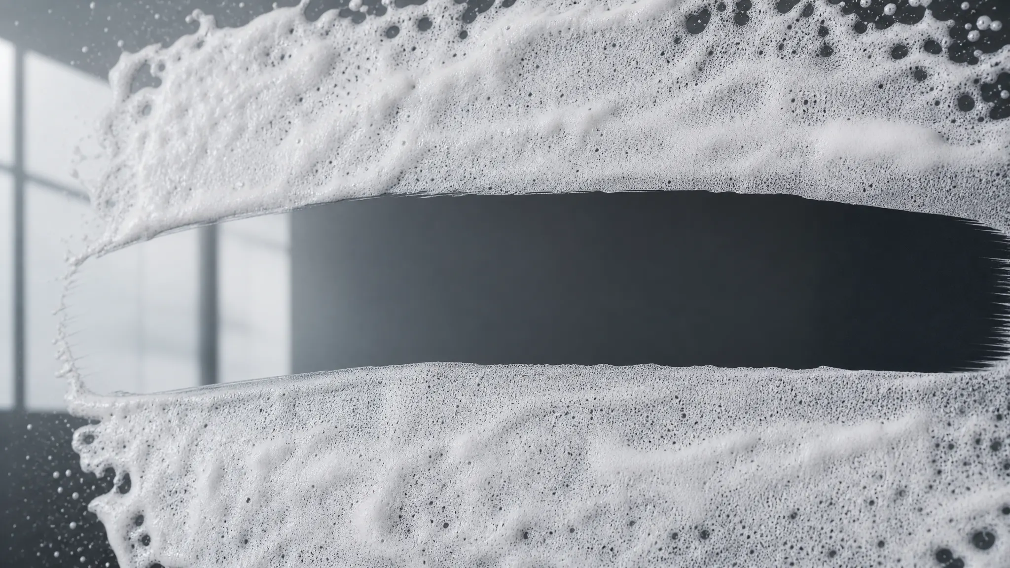 Tæt hvidt skum på mørkt glas, hvor ét aftørringsstrøg har lagt det rene glas frit